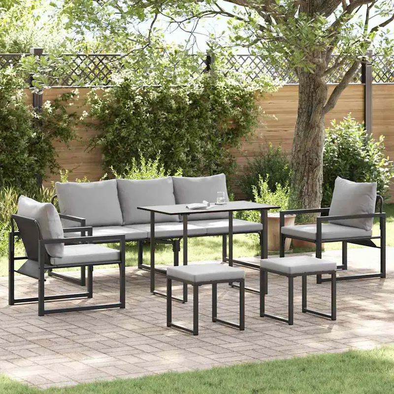 Conjunto de sofás de jardín con cojín 6 pcs Negro Acero