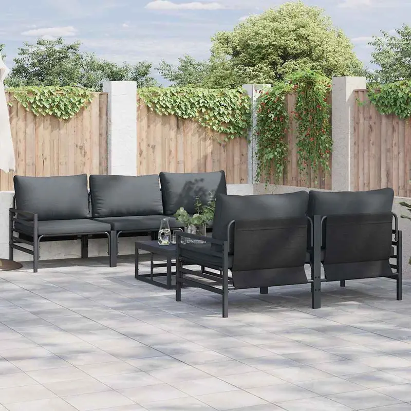 Conjunto de sofás de jardín con cojín 6 pcs Negro Acero