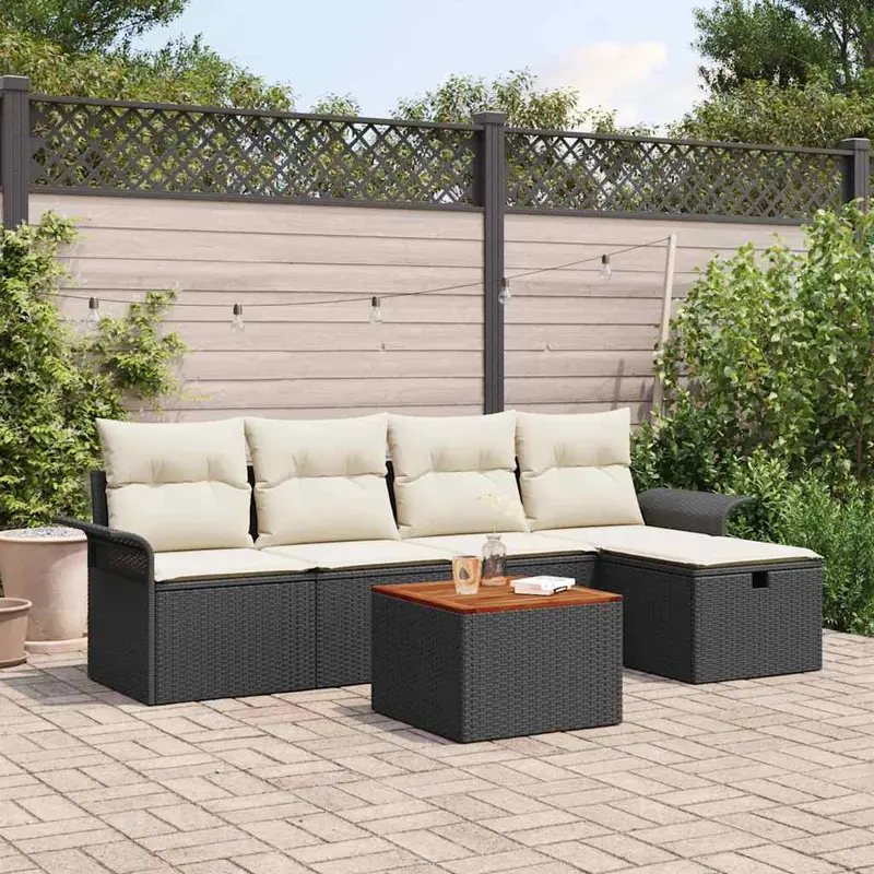 Conjunto de sofás de jardín con cojín 6 pcs Negro Poliratán