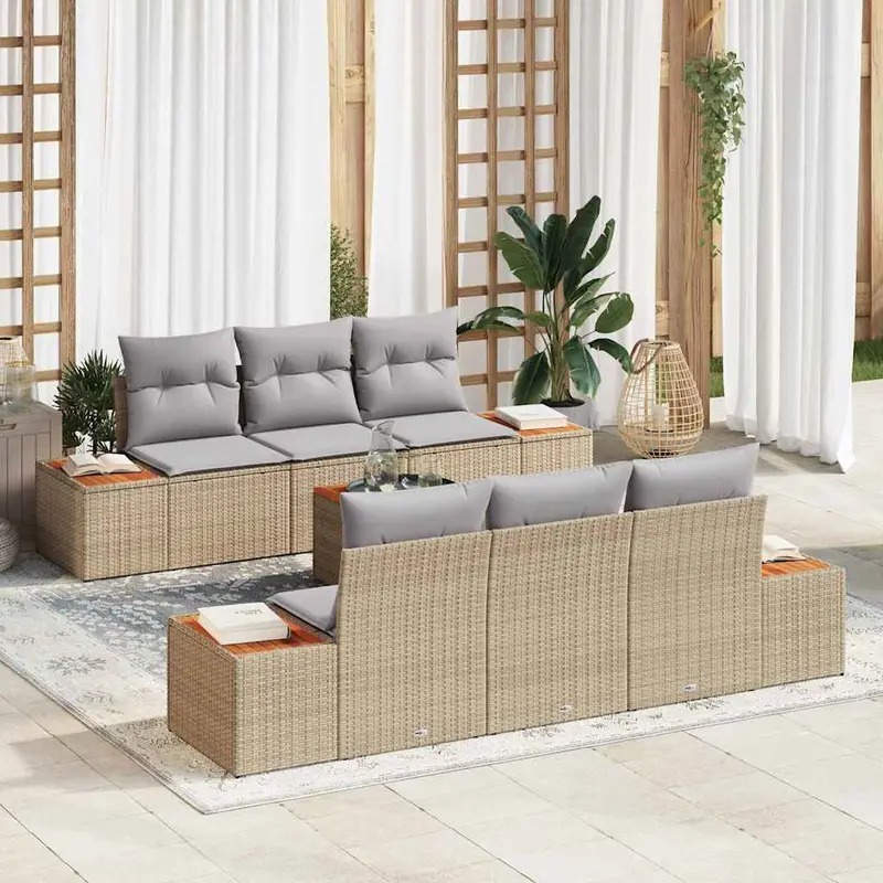 Conjunto de sofás de jardín con cojín 7 pcs Beige Poliratán