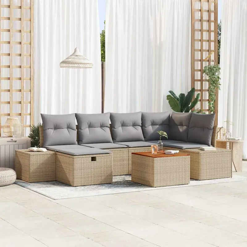 Conjunto de sofás de jardín con cojín 7 pcs Beige Poliratán