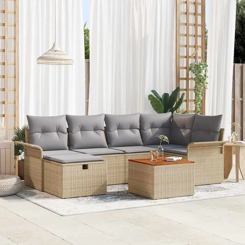 Conjunto de sofás de jardín con cojín 7 pcs Beige Poliratán