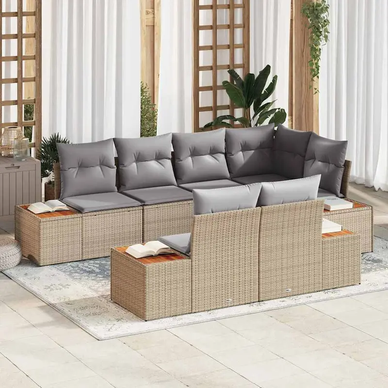 Conjunto de sofás de jardín con cojín 7 pcs Beige y Gris Claro