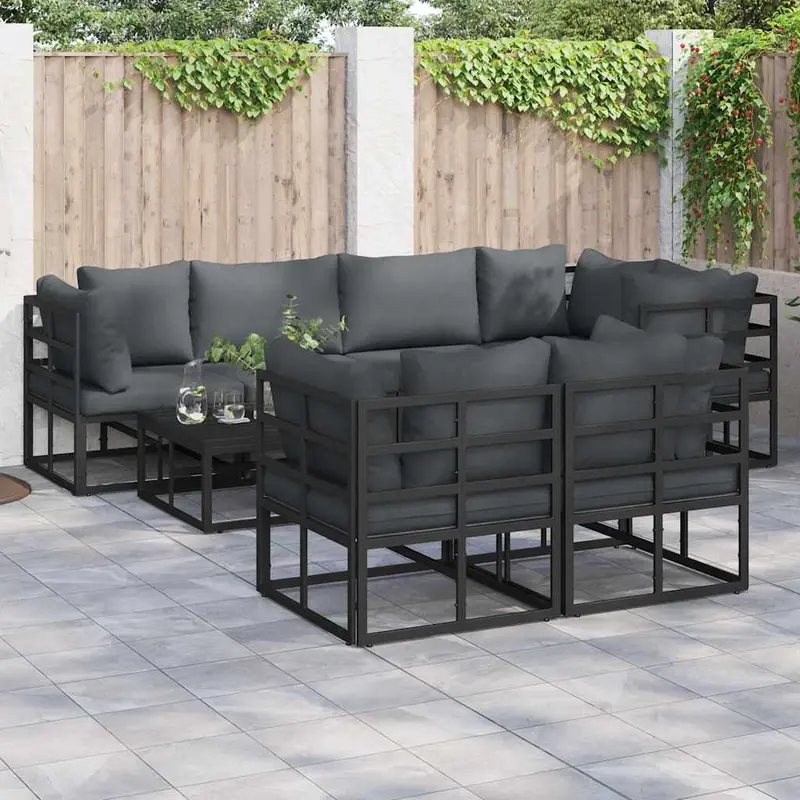 Conjunto de sofás de jardín con cojín 7 pcs Negro Acero