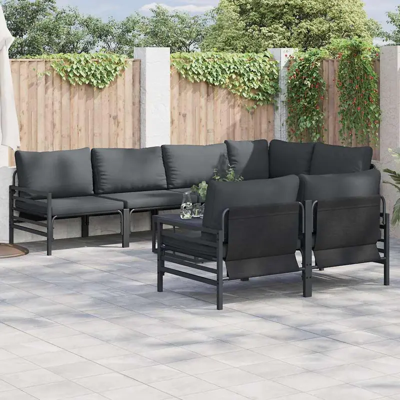 Conjunto de sofás de jardín con cojín 7 pcs Negro Acero