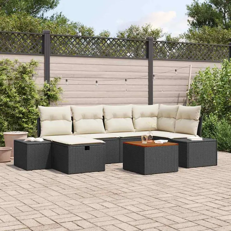 Conjunto de sofás de jardín con cojín 7 pcs Negro Poliratán