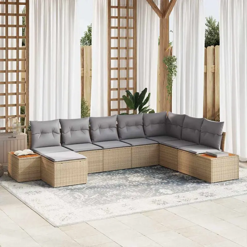 Conjunto de sofás de jardín con cojín 8 pcs Beige Poliratán