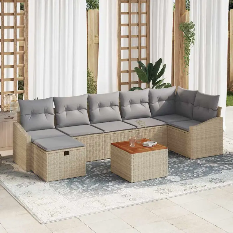 Conjunto de sofás de jardín con cojín 8 pcs Beige Poliratán