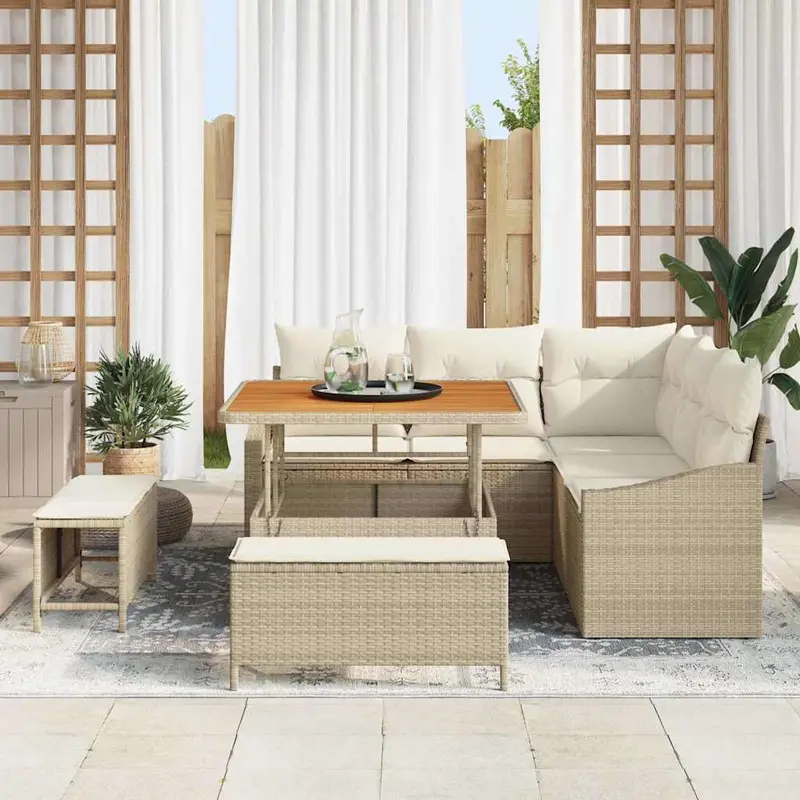 Conjunto de sofás de jardín con cojín 8 pcs Beige Poliratán