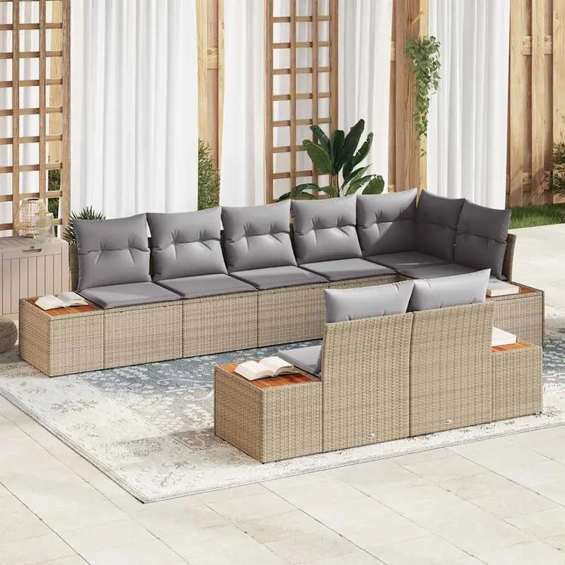 Conjunto de sofás de jardín con cojín 8 pcs Beige Poliratán
