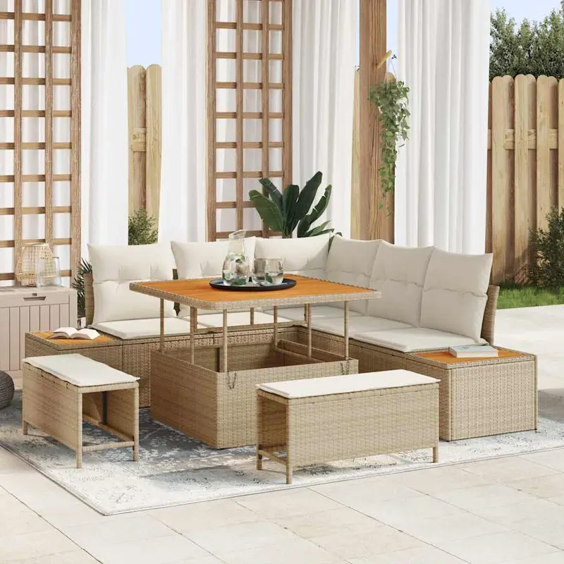 Conjunto de sofás de jardín con cojín 8 pcs Beige Poliratán