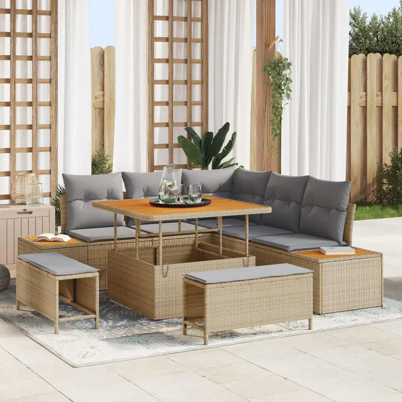 Conjunto de sofás de jardín con cojín 8 pcs Beige y Gris Claro