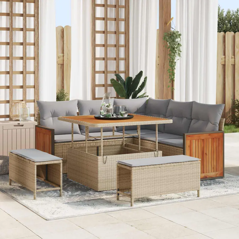 Conjunto de sofás de jardín con cojín 8 pcs Beige y Gris Claro