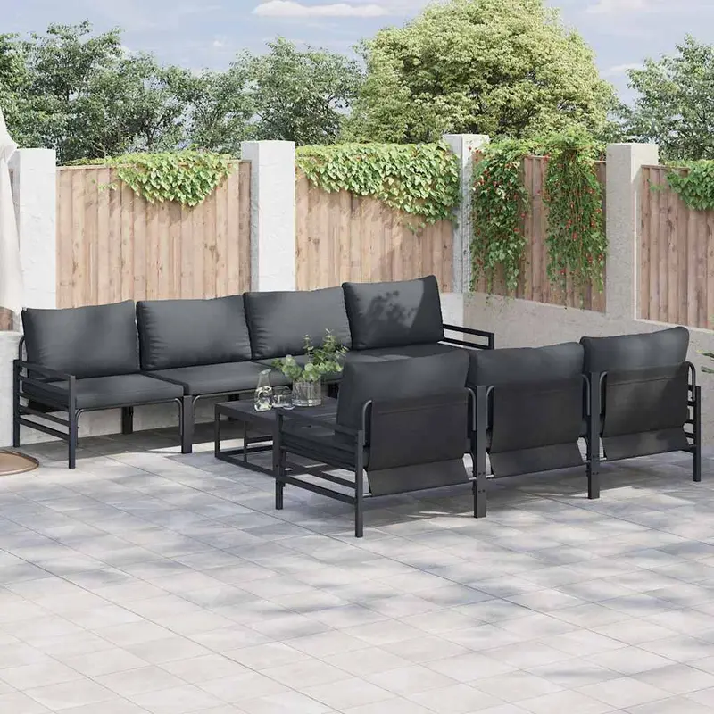Conjunto de sofás de jardín con cojín 8 pcs Negro Acero