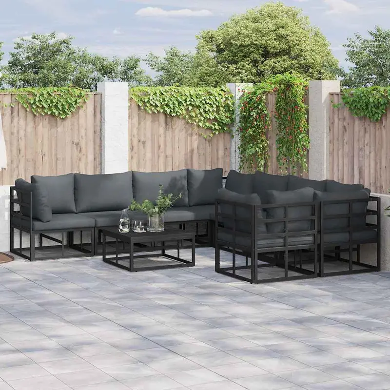 Conjunto de sofás de jardín con cojín 8 pcs Negro Acero