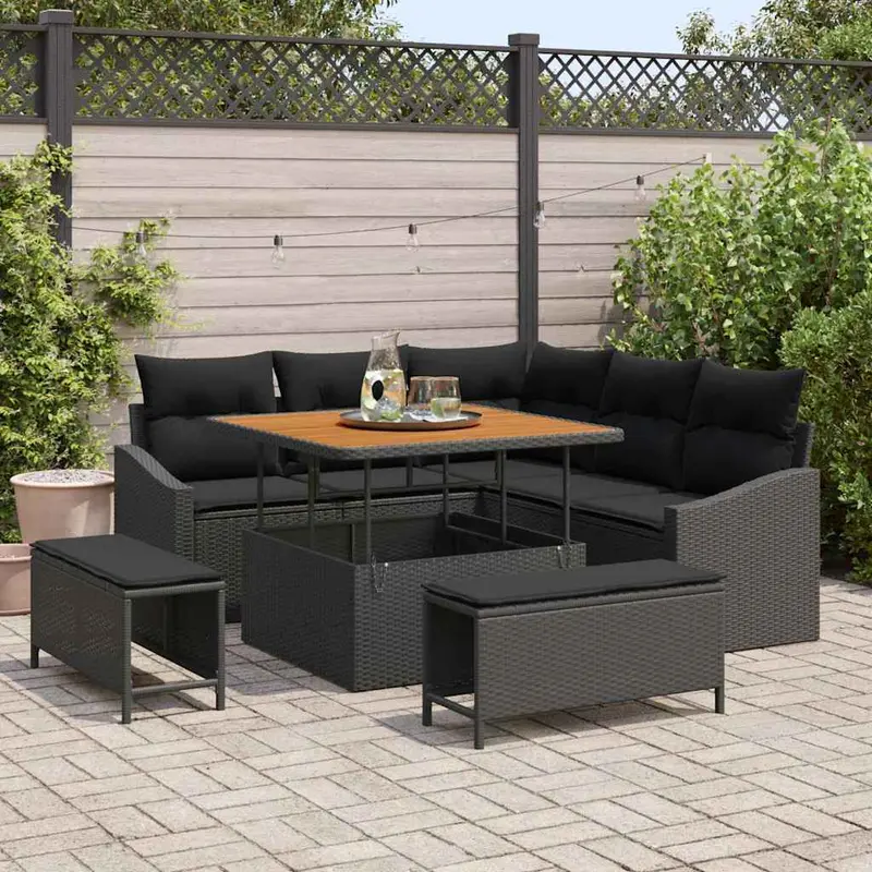 Conjunto de sofás de jardín con cojín 8 pcs Negro Poliratán