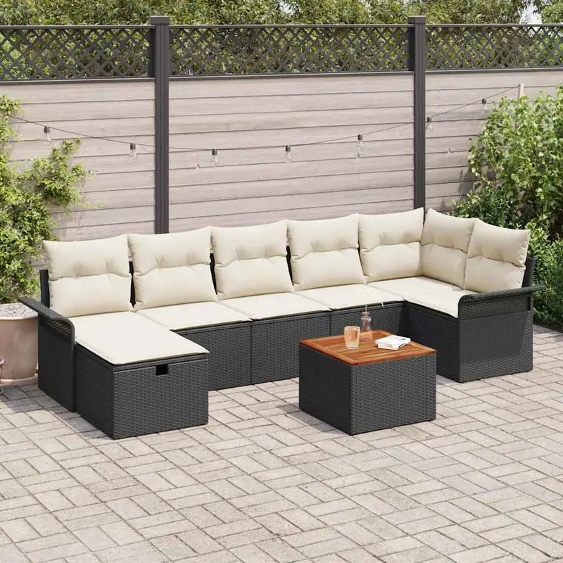 Conjunto de sofás de jardín con cojín 8 pcs Negro Poliratán