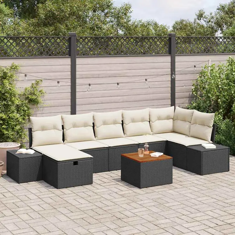 Conjunto de sofás de jardín con cojín 8 pcs Negro Poliratán