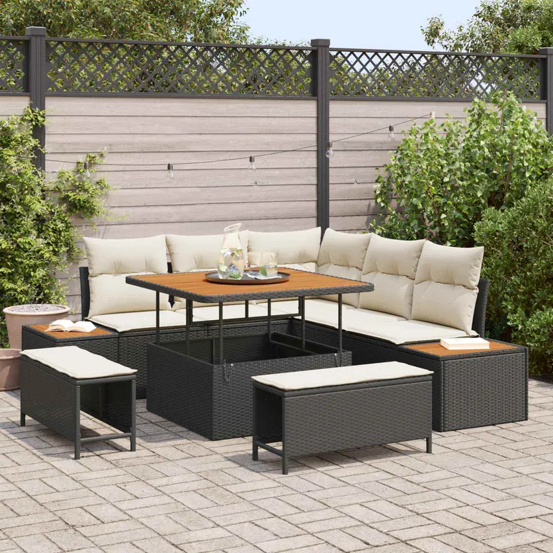 Conjunto de sofás de jardín con cojín 8 pcs Negro y crema