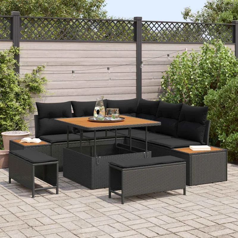 Conjunto de sofás de jardín con cojín 8 pcs Negro