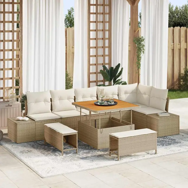 Conjunto de sofás de jardín con cojín 9 pcs Beige Poliratán