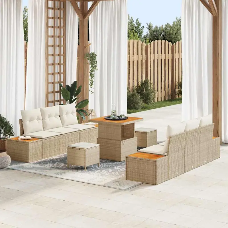 Conjunto de sofás de jardín con cojín 9 pcs Beige Poliratán