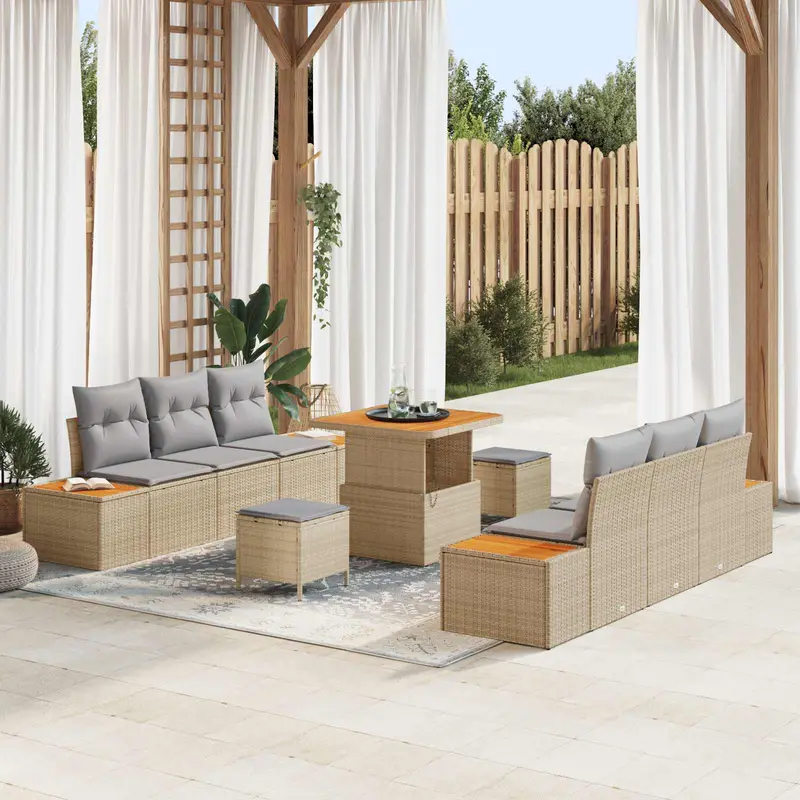 Conjunto de sofás de jardín con cojín 9 pcs Beige y Gris Claro