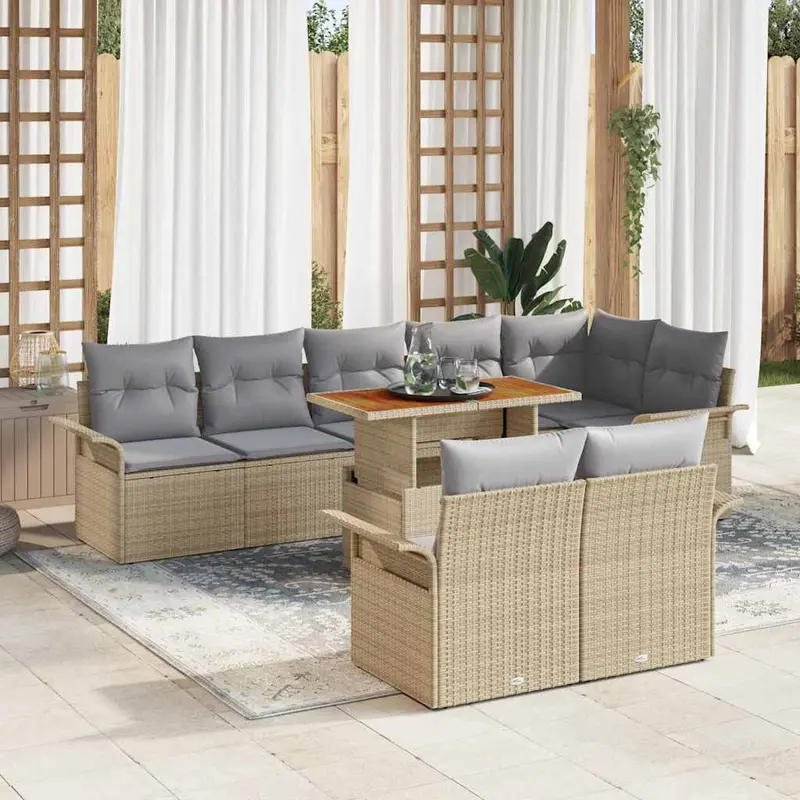 Conjunto de sofás de jardín con cojín 9 pcs Beige y Gris Claro
