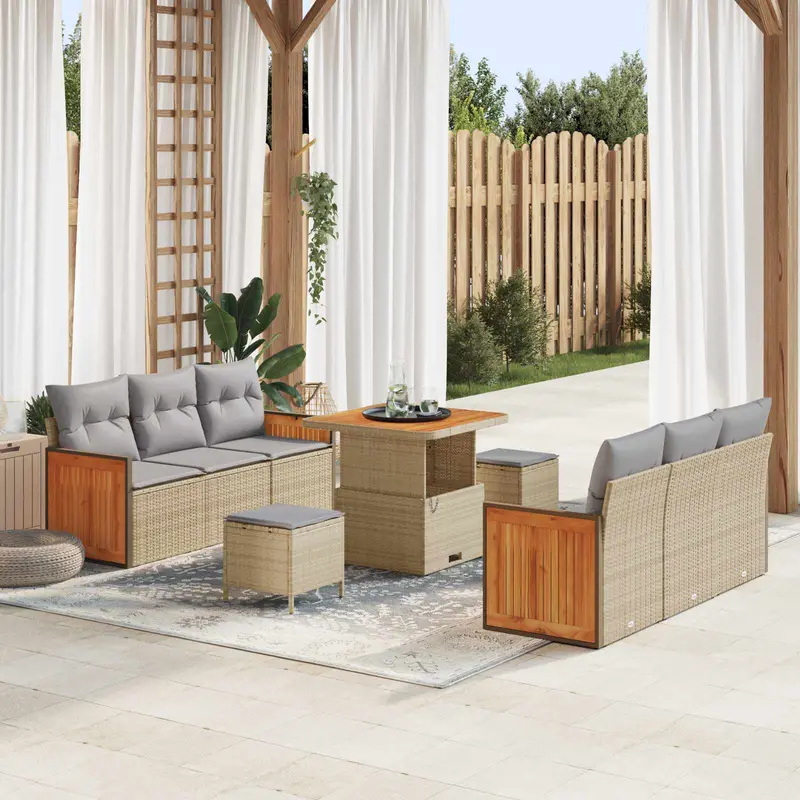 Conjunto de sofás de jardín con cojín 9 pcs Beige y Gris Claro