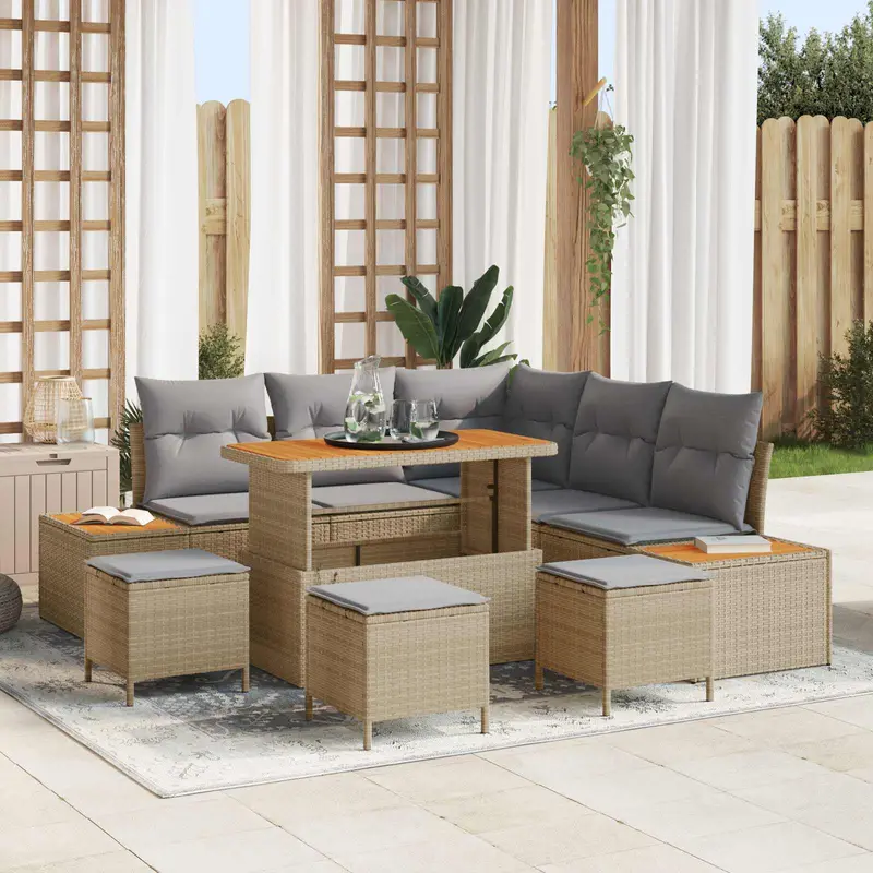Conjunto de sofás de jardín con cojín 9 pcs Beige y Gris Claro