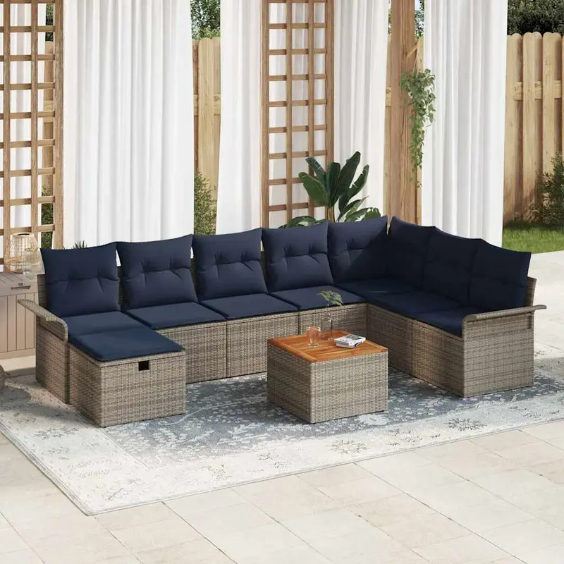 Conjunto de sofás de jardín con cojín 9 pcs Gris Poliratán