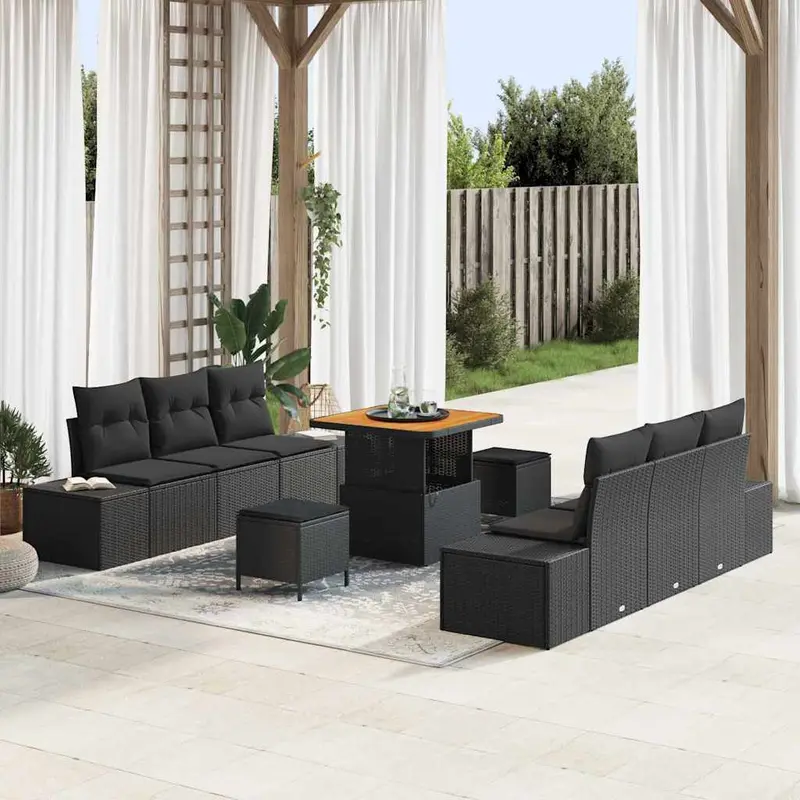 Conjunto de sofás de jardín con cojín 9 pcs Negro Poliratán