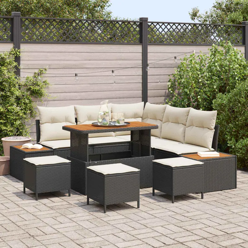 Conjunto de sofás de jardín con cojín 9 pcs Negro y crema