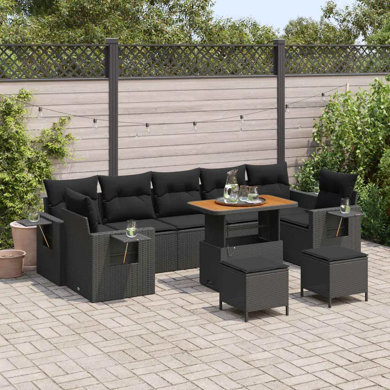 Conjunto de sofás de jardín con cojín Negro ratán sintético