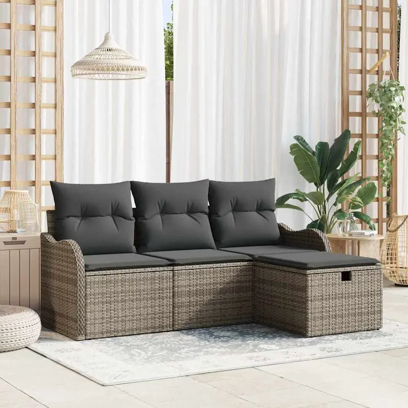 Conjunto de sofás de jardín Manual 4 pcs Gris ratán sintético