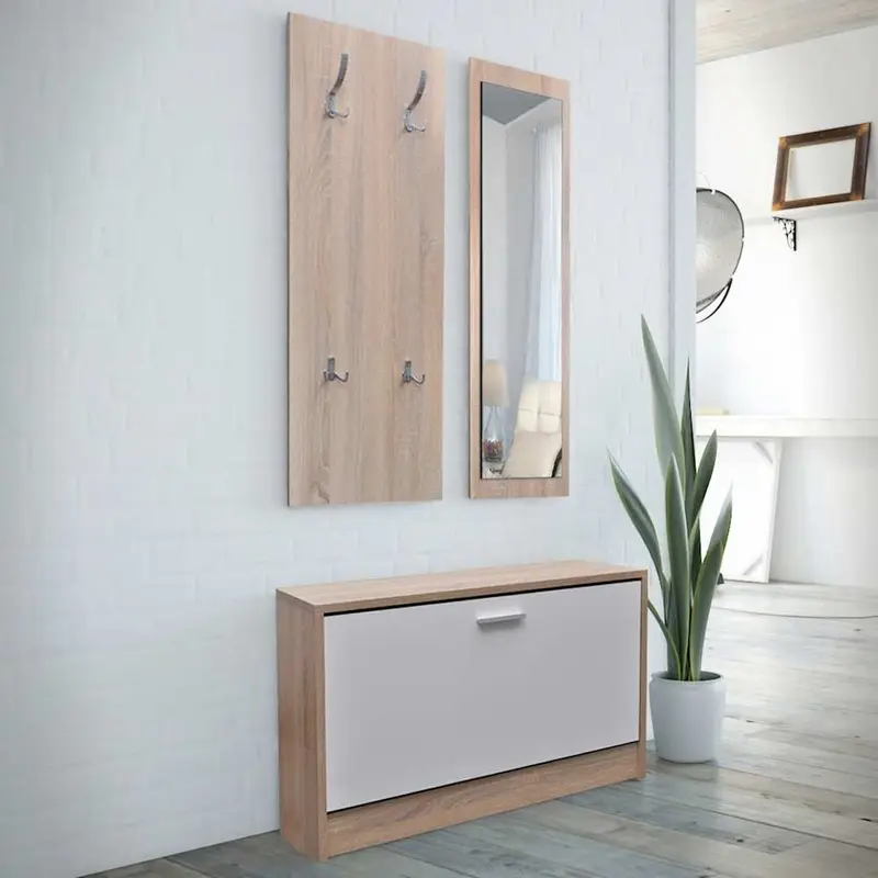 Conjunto de zapatero madera 3 en 1 color roble y blanco