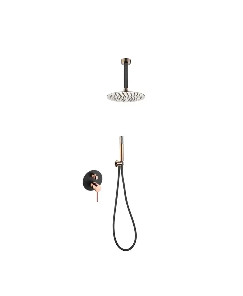 Conjunto moderno de ducha con un diseño monomando de acabado negro mate y oro rosa stick Milos de Imex