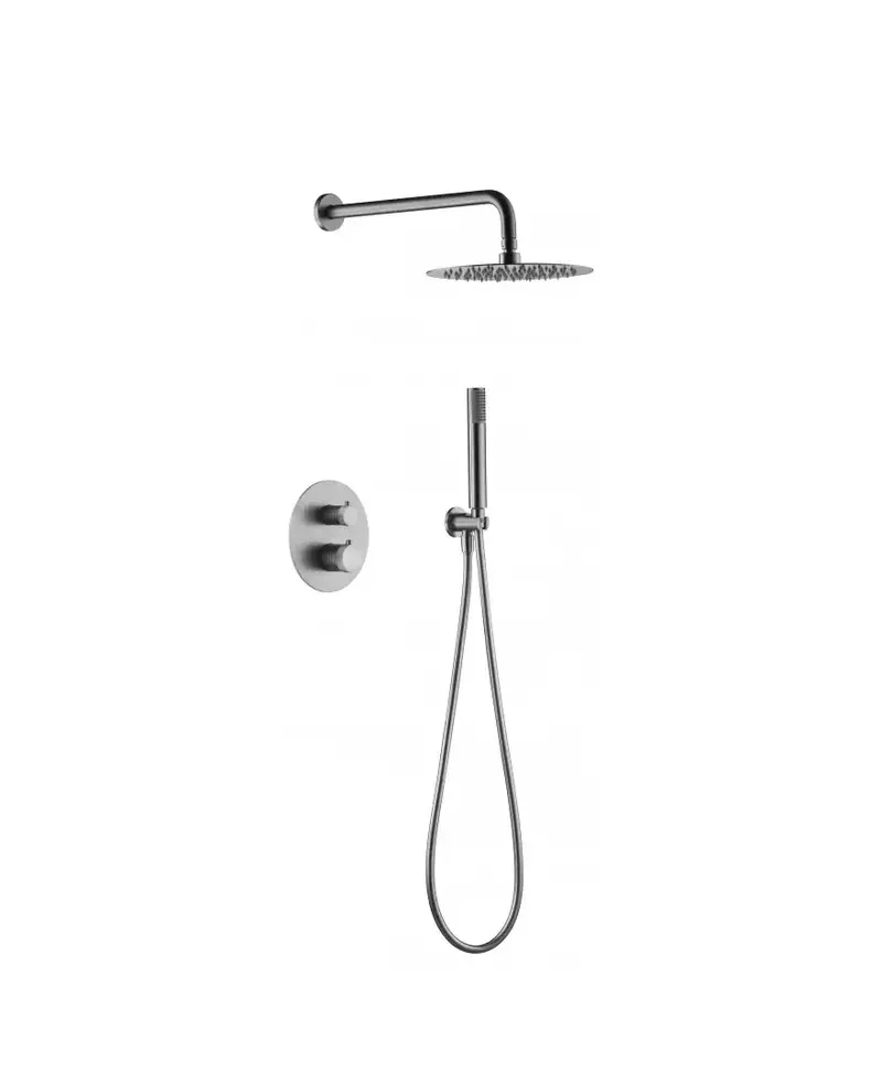Conjunto moderno de ducha termostática empotrado en color níquel cepillado Line de Imex