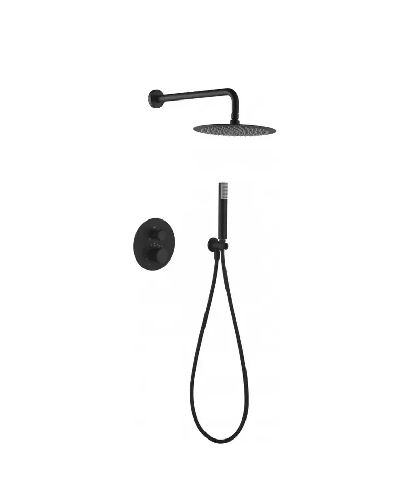 Conjunto para ducha termostática de diseño empotrado con un acabado negro mate Line de Imex