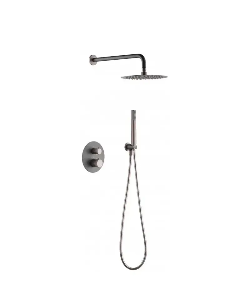 Conjunto para ducha termostática empotrado de acabado gris mate y champagne Line de Imex