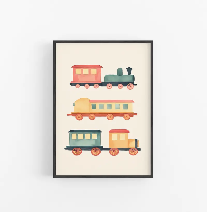 Cuadro Acuarela Tren Vintage Naranja Verde