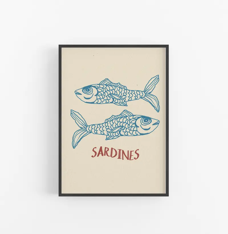 Cuadro Acuatico Pescado Sardina Azul Crema