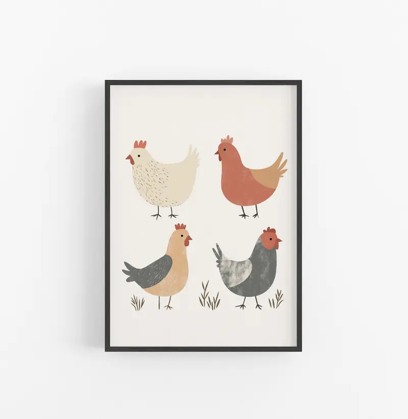 Cuadro Animales Granja Gallinas Beige Gris