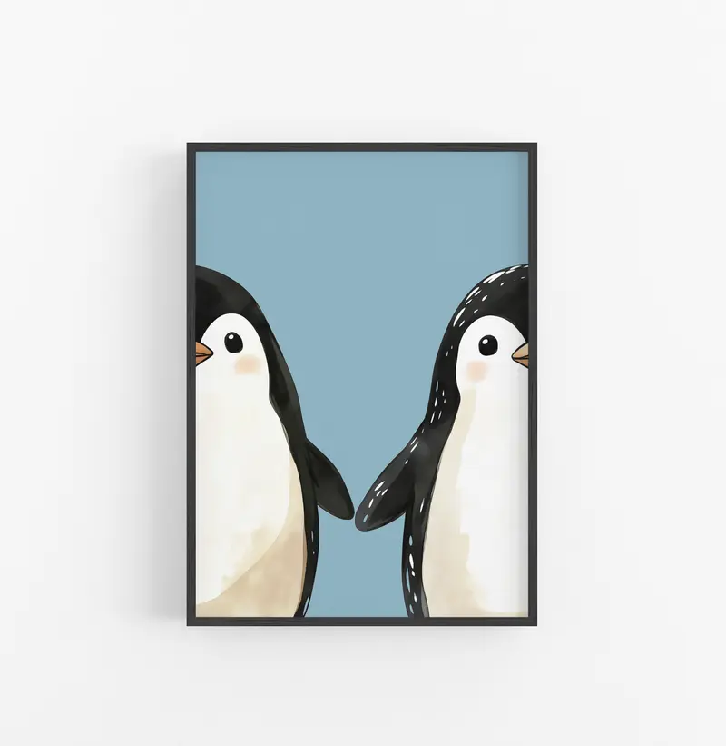 Cuadro Animales Ilustracion Pinguinos Azul Negro
