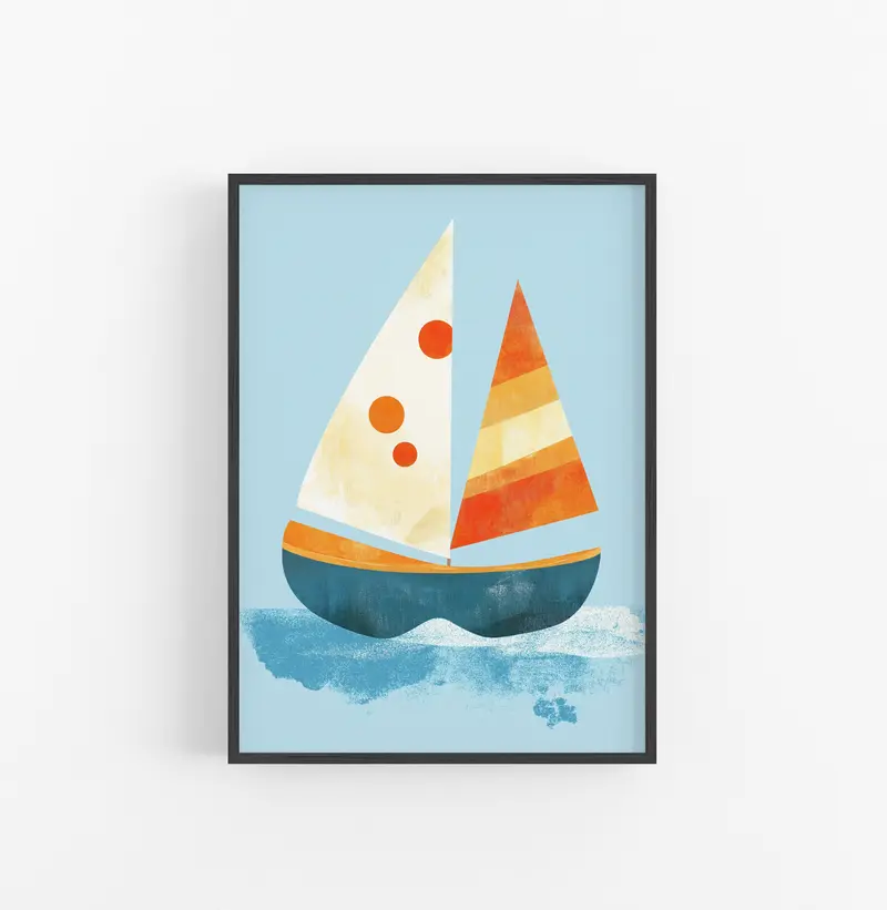 Cuadro Barco Velas Geometrico Azul Naranja