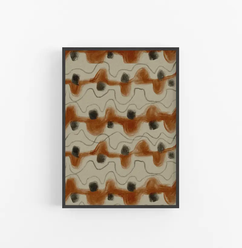 Cuadro con Marco Casual Ethnic Abstracto Ondulado Ocre Gris