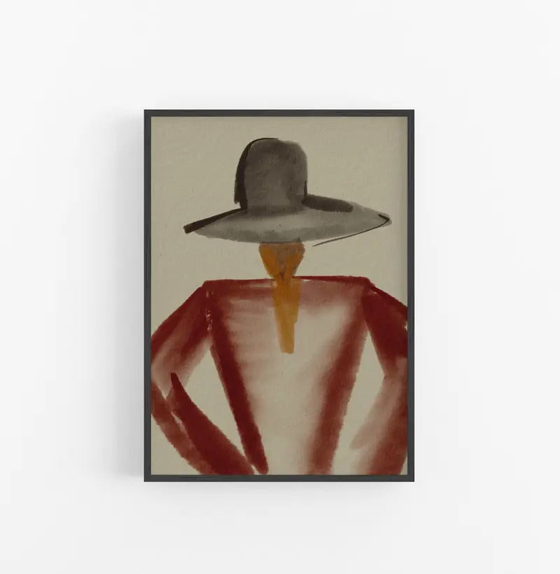 Cuadro con Marco Casual Ethnic Acuarela Femenino Sombrero Gris Rojo