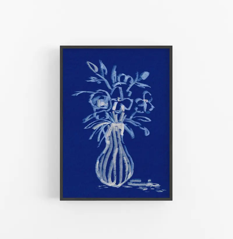 Cuadro con Marco Casual Ethnic Floral Esbozo Pintura Blanco Azul