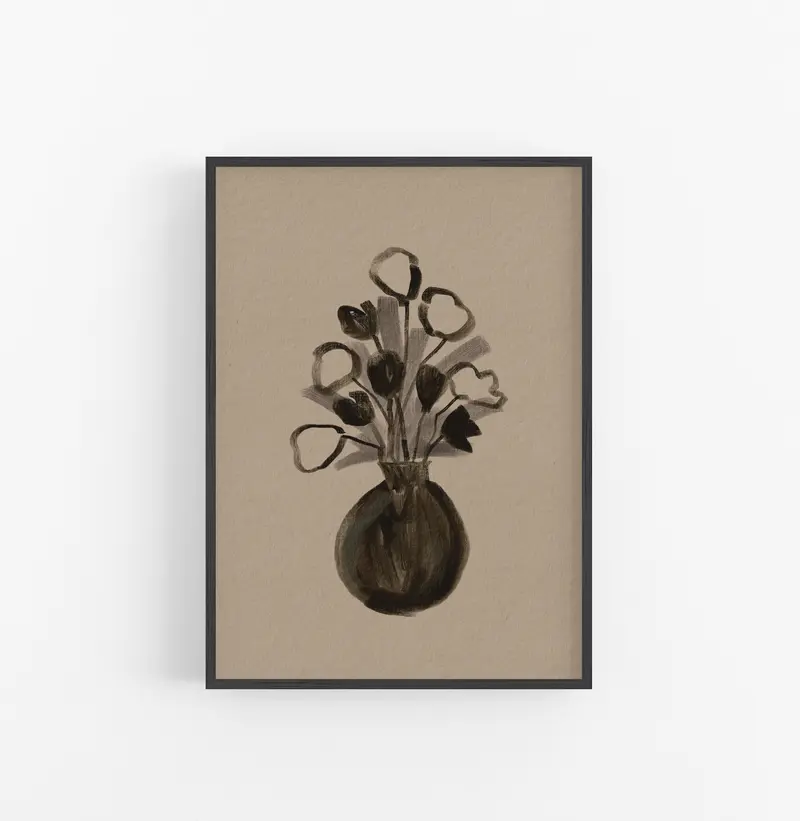Cuadro con Marco Casual Ethnic Floral Minimalista Negro Beige