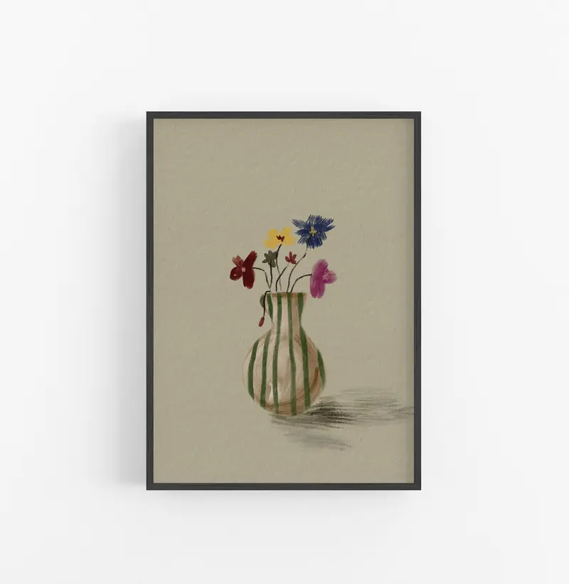 Cuadro con Marco Casual Ethnic Flores Pintura Vintage Verde Beige